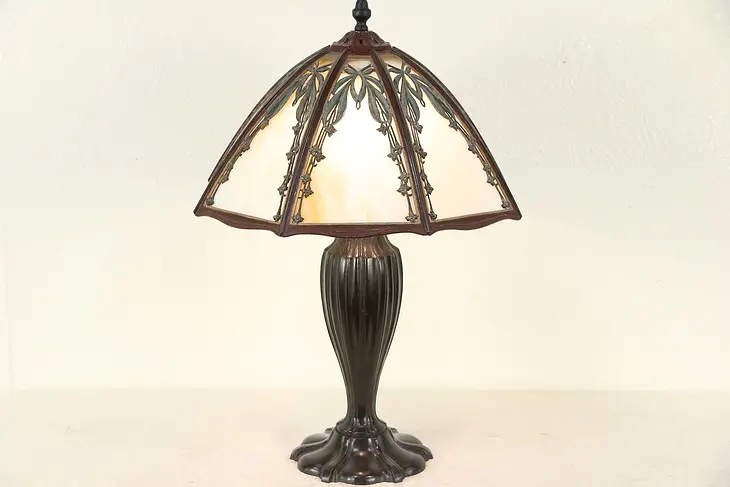 Table Lamp, Hand Painted Antique, Stained Glass Curved Panel Shade #29532