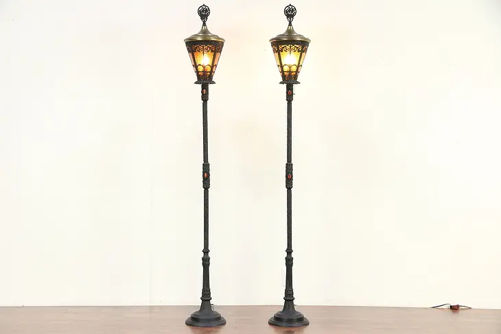 Pair Iron, Brass, Stained Glass Vintage Floor Lamps, Torchieres, Lanterns #29598
