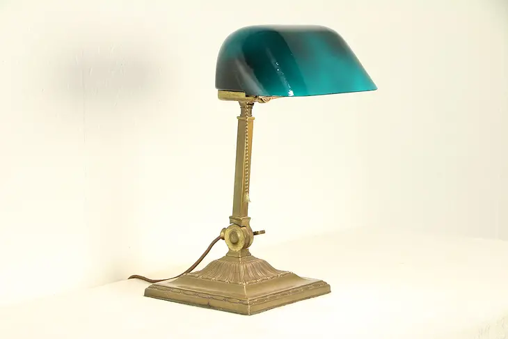 Emeralite Banker Desk Lamp, Cased Green Glass Shade,  Pat. 1909 #30203