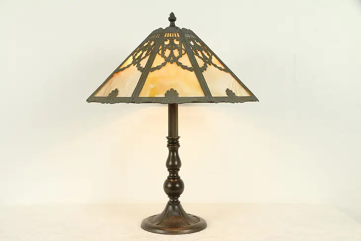Octagonal Filigree Stained Glass Shade Antique Lamp #31141