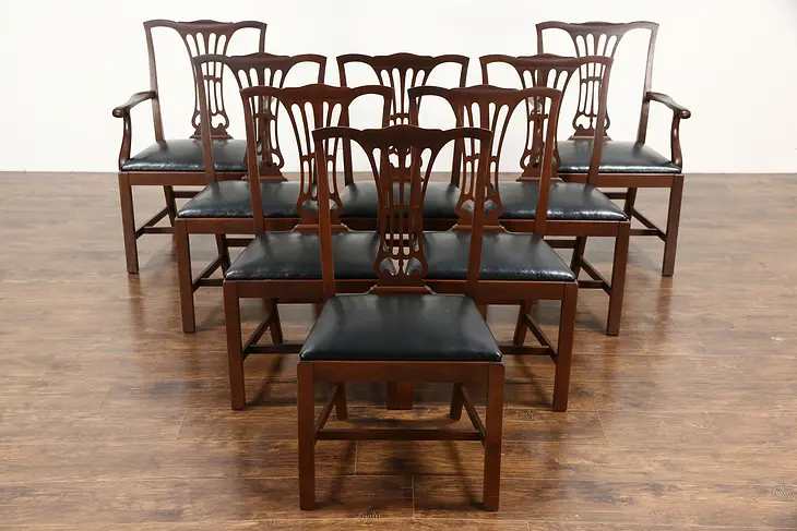 Set of 8 Georgian Vintage Mahogany Chairs, Black Leather, Unsigned Kittinger