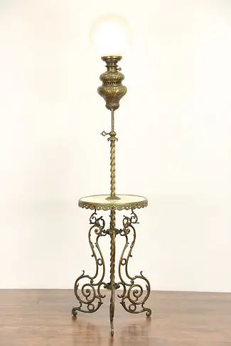 Victorian Onyx & Brass 1880's Antique Adjustable Electrified Piano Lamp, Belgium