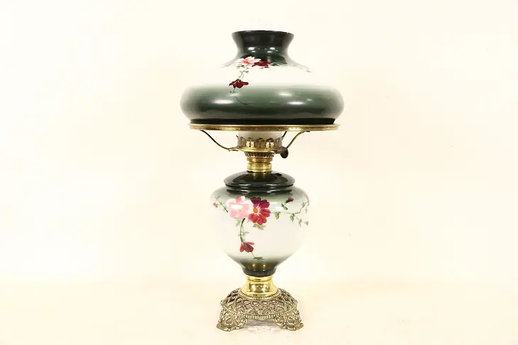 Hand Painted 1890's Antique Kerosene Lamp, Painted Shade, Brass Mounts