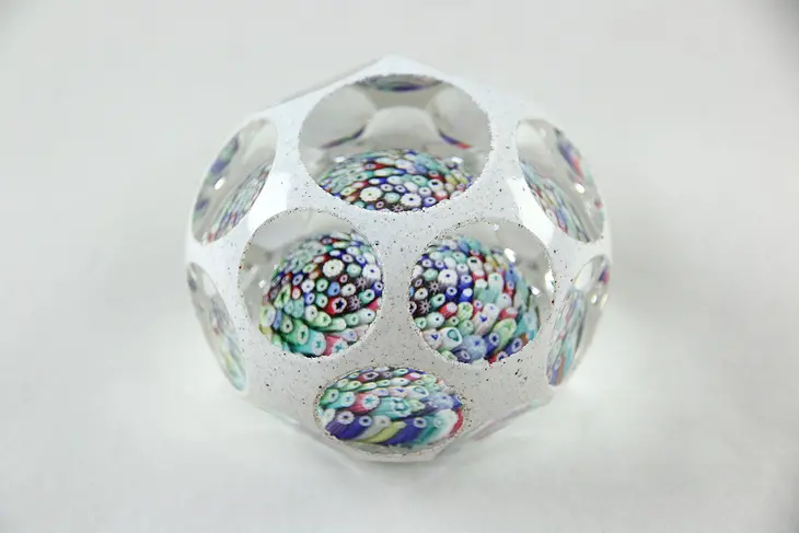 Millefiori Faceted Glass Overlay Swirly Paperweight