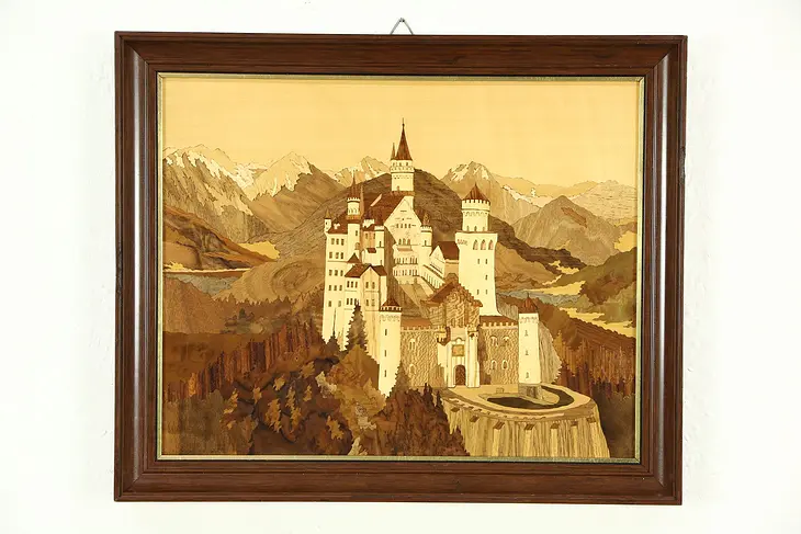 Marquetry Inlaid Vintage Picture of Neuschwanstein Castle in Bavaria, Germany