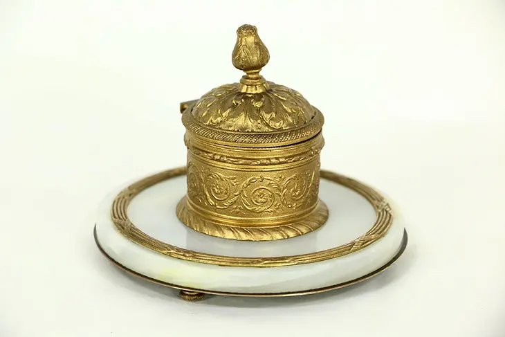 Brass & Onyx 1890 Empire Antique Covered Inkwell