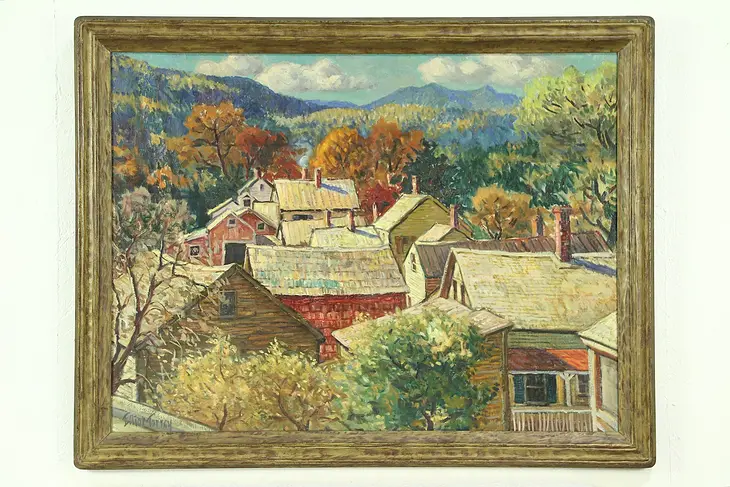 Village Roofs Vermont, Original Oil Painting, 1933? Signed Elliot Torrey