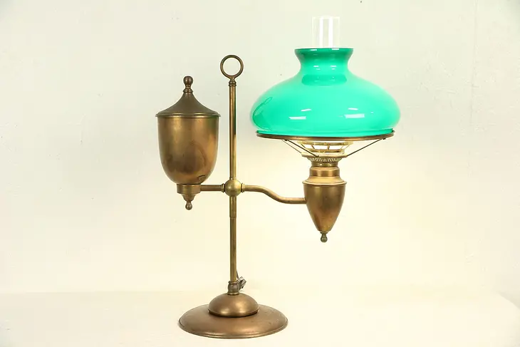 Victorian Antique Student Desk Lamp, Cased Green Shade, Electrified #29798