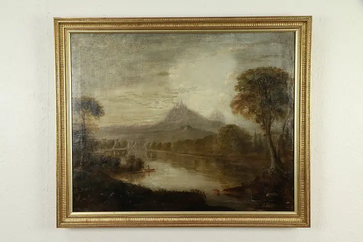 Mountain Scene at Twilight with Canoe, Antique Original Oil Painting #32053