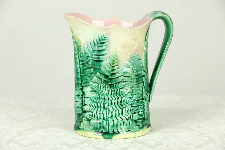 Majolica Pitcher, Hand Painted Fern Leaves, Signed