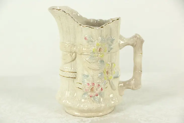 Majolica Hand Painted Pitcher 6 1/2" Tall, Flowers