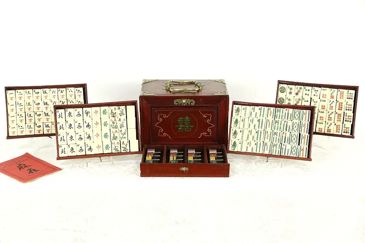 Mah Jong 1920's Chinese Majong Game Set, Carved Bone, Rosewood Case