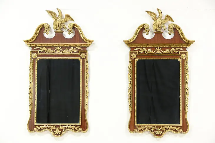 Pair of Vintage Carved Mahogany & Gold Mirrors with Eagles, Italy