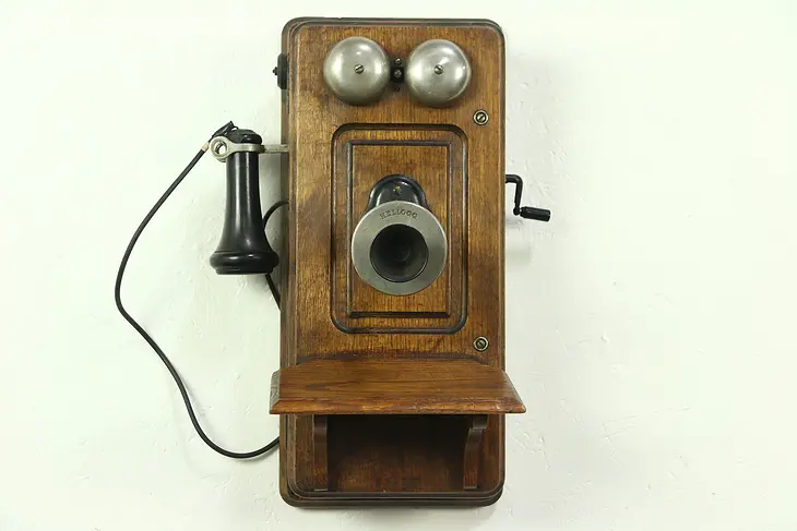 Oak Antique 1900's Wall Telephone, Crank Generator & Bells, All Original