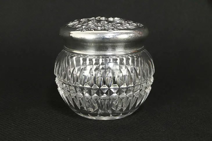 Victorian Antique Cut Glass Boudoir Jar, Sterling Silver Lid #30223