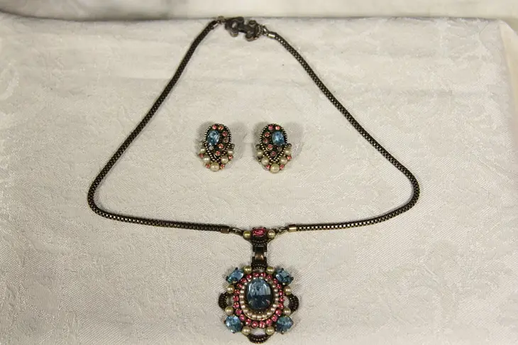 Vintage Pendant Necklace and Clip Earrings, Blue and Pink Rhinestones