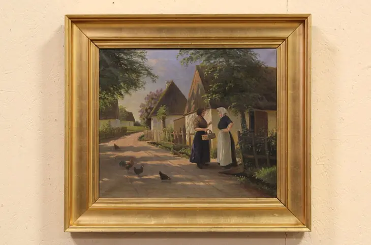 Danish Village Scene with Chickens, Antique 1910 Original Oil Painting