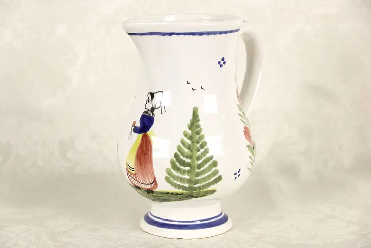 Quimper Footed Pitcher, Hand Painted, Signed Brittany, France