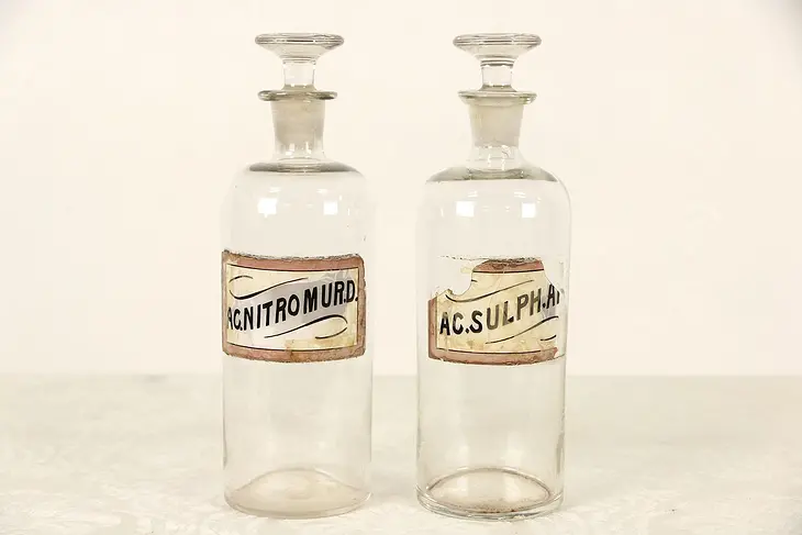 Pair Antique 1880's Apothecary Medical Drug Store Jars, Pink Labels