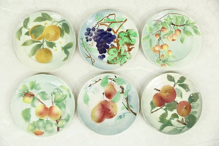 Set of Six Majolica Hand Painted Fruit Plates, 8 1/2",  K. G. Clement France