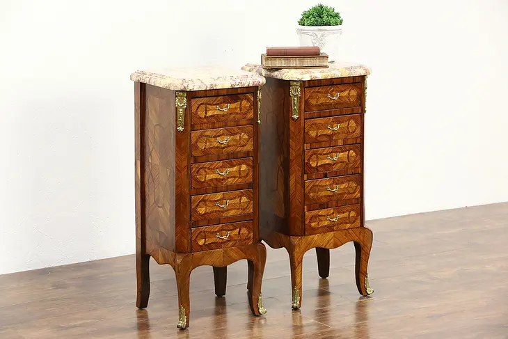 Pair of French Rosewood Marquetry Vintage Nightstands or End Table, Marble Tops