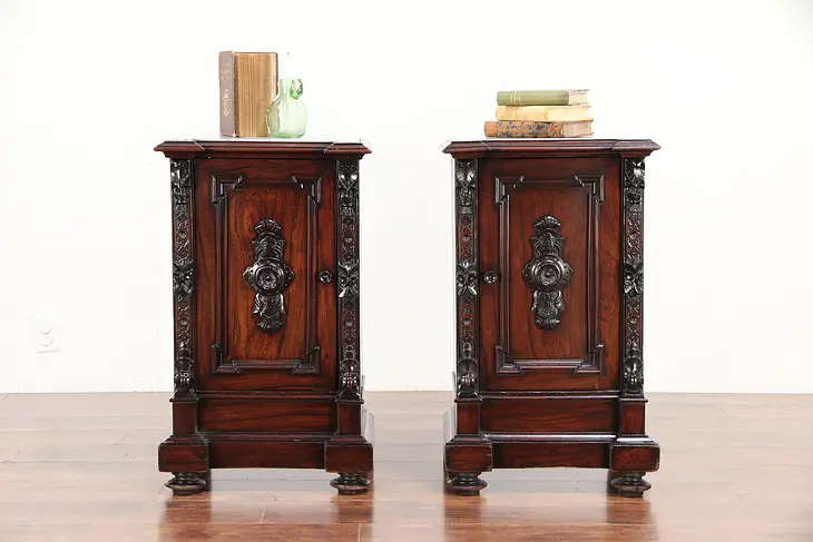 Pair of Italian Rosewood Antique Nightstands or End Tables, Marble Tops #30055