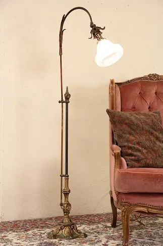 Adjustable Original Painted Iron 1920 Floor Reading Bridge Lamp