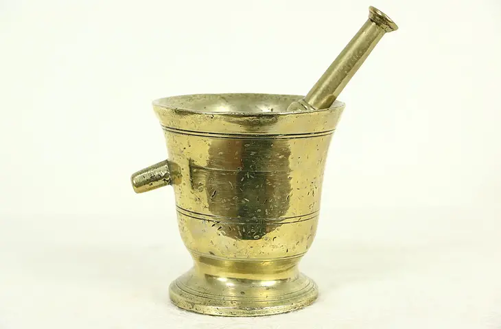 Brass 1890's Antique Mortar & Pestle with Handle