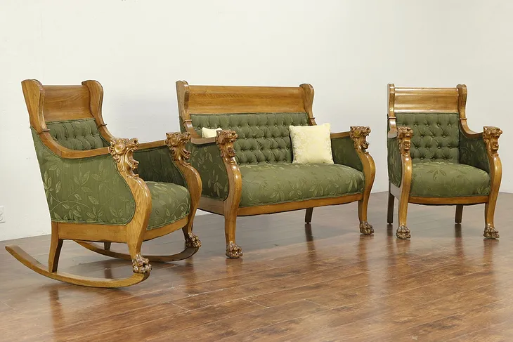 Victorian Antique Oak Parlor Set, Lion Heads & Paws, Recent Upholstery #30196