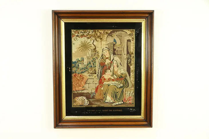 Saint Timothy Antique Needle Point & Petit Point Tapestry, Walnut Frame #30415