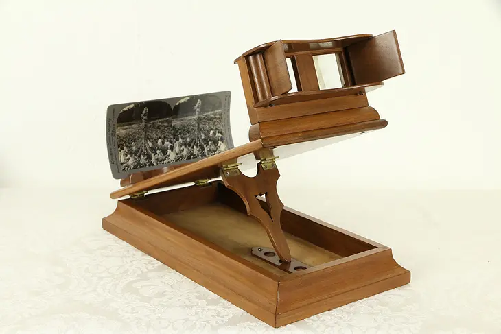 Tabletop Antique Walnut Stereo Card Viewer Stereoscope, 60 Keystone Cards #31662