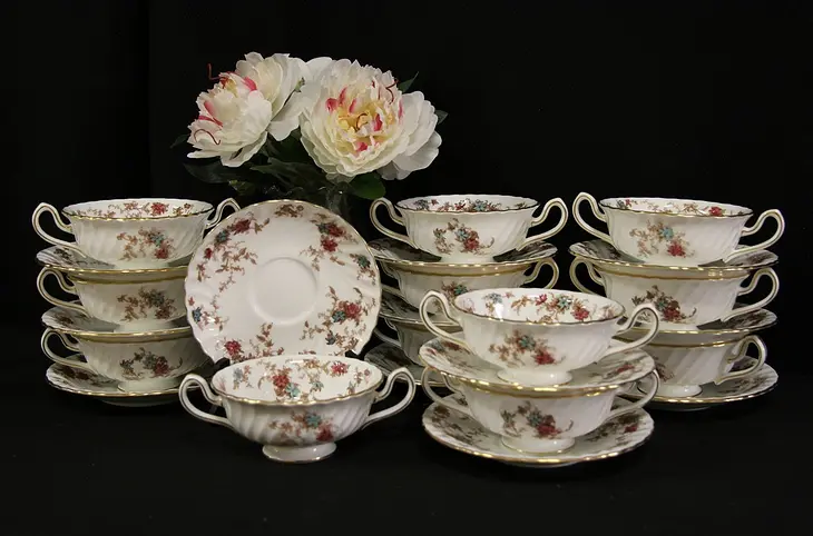 A Set of Minton Ancestral Pattern China Soup Cups & Saucers