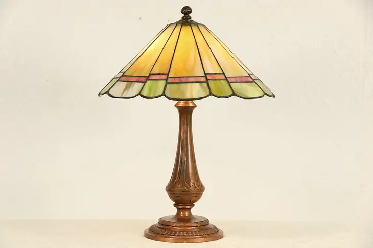 Lamp, 1910 Antique Leaded Stained Glass Shade, Damage