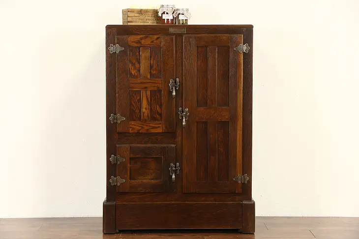 Sanitax Signed Oak 1900 Antique Ice Box Refrigerator, Original Brass Hardware