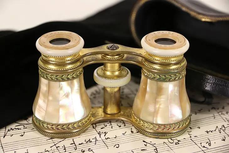French 1900 Antique Pearl Opera Glasses, Signed Lemaire Paris, Leather Case