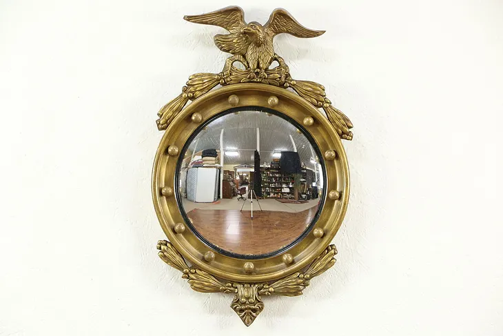 Federal Style Vintage Convex Mirror, Eagle & 13 Colony Balls