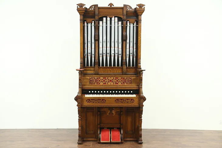 Victorian Eastlake Antique Carved Oak Pump or Reed Organ, Pipes
