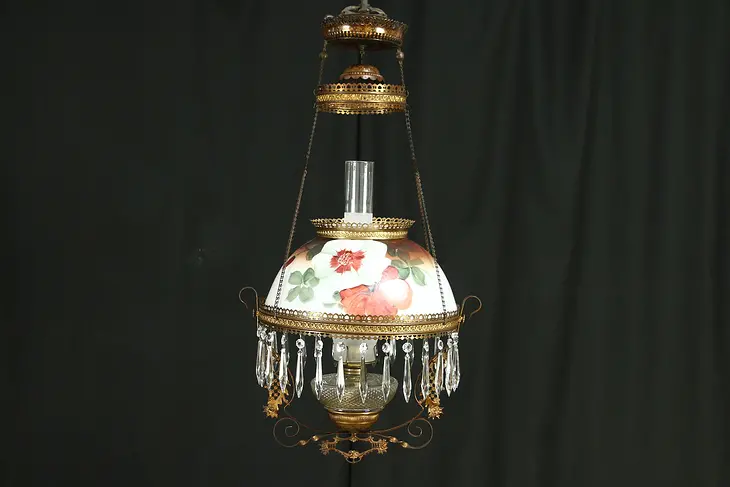 Victorian Antique Hanging Oil Lamp, Hand Painted Floral Glass Shade