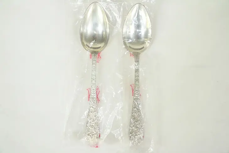 Repousse Kirk Stieff Sterling Silver Pair of Serving Spoons, New in Bag #29044