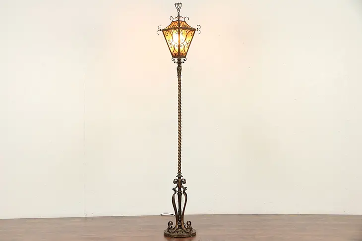 Stained Glass & Bronze Hand Painted Antique Floor Lamp or Lantern #29673