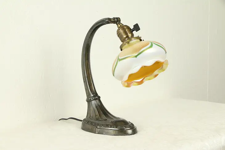 Adjustable Desk Lamp, Signed Quezal Pulled Feather Art Glass Shade #31753