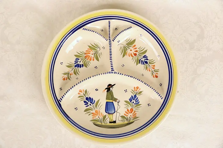 Henriot Quimper Signed Divided Serving Tray, Hand Painted