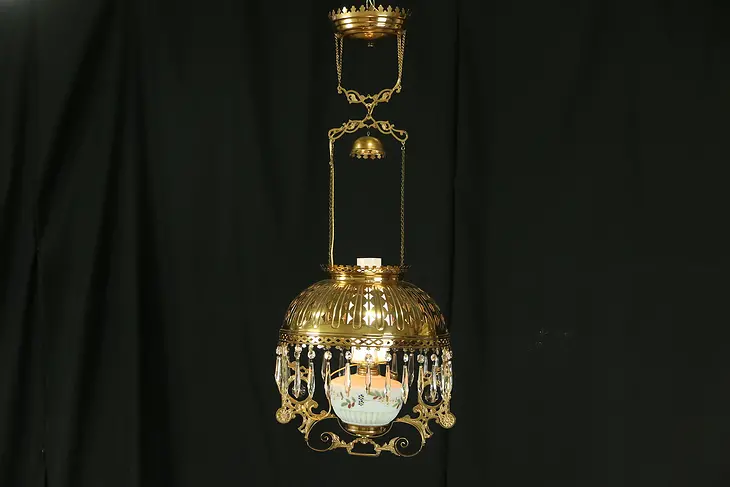 Victorian 1880 Antique Hanging Lamp Brass Shade Light Fixture, Electrified