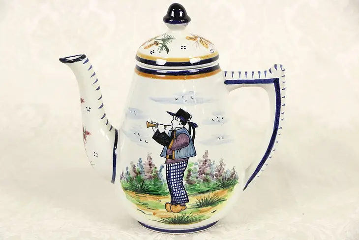 Quimper Signed Hand Painted Coffee Pot & Lid, Brittany France