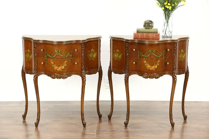 Pair French Style 1920's Vintage Nightstands, End Tables Hand Painted Satinwood