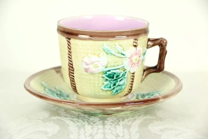 Majolica Hand Painted Tea or Coffee Cup and Saucer, Pink Flowers