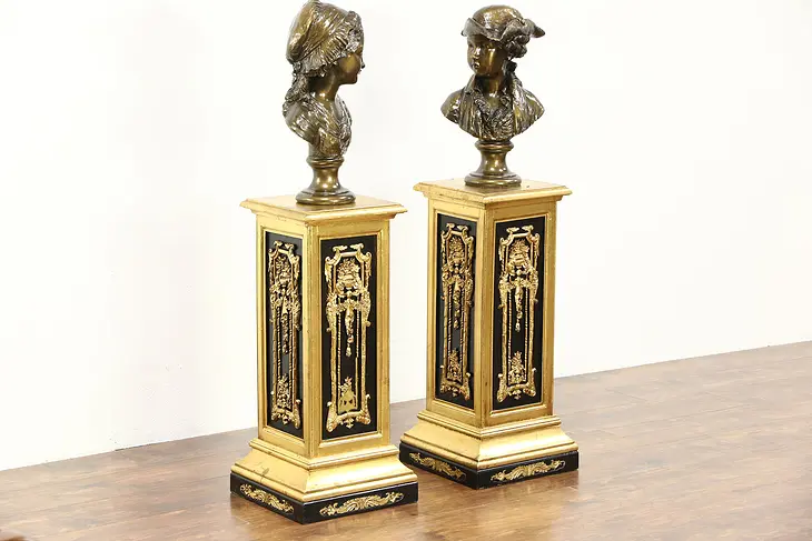 Pair of Classical Florentine Gold & Black Pedestals for Art or Plants