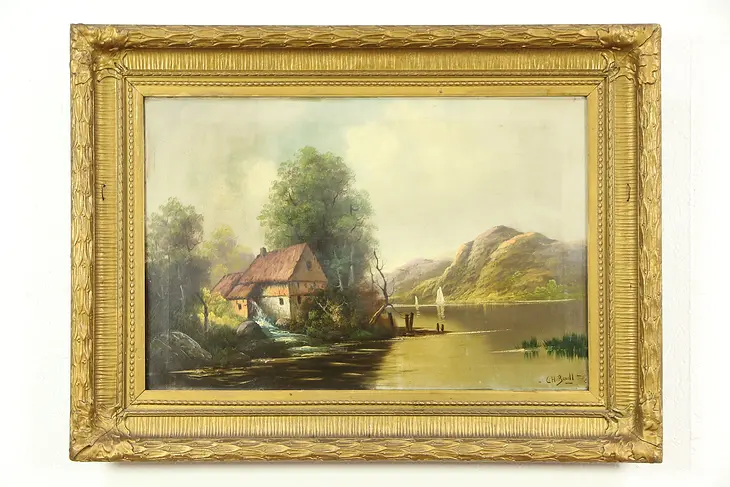 River Valley Mill Original Antique 1900 Oil Painting, Signed C H Bendl