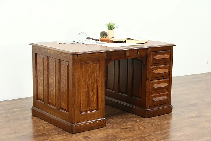 Oak 1880 Antique Partner Desk, Leather Top