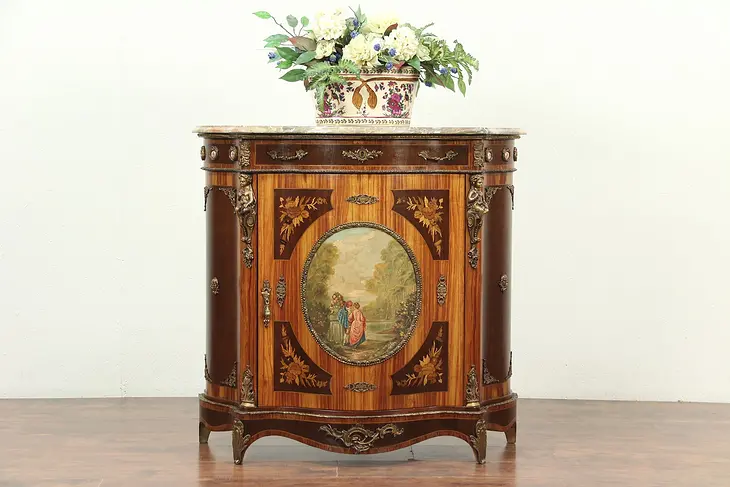 Italian Vintage Hall Console Cabinet  Tulipwood Marble Top, Painted Scene #28975